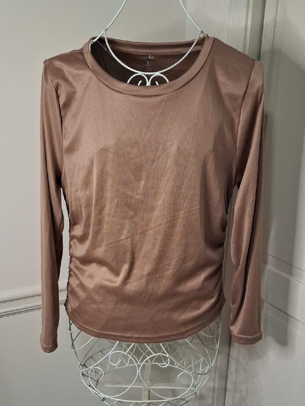 just be Satin-Feel Long Sleeve Top in Taupe